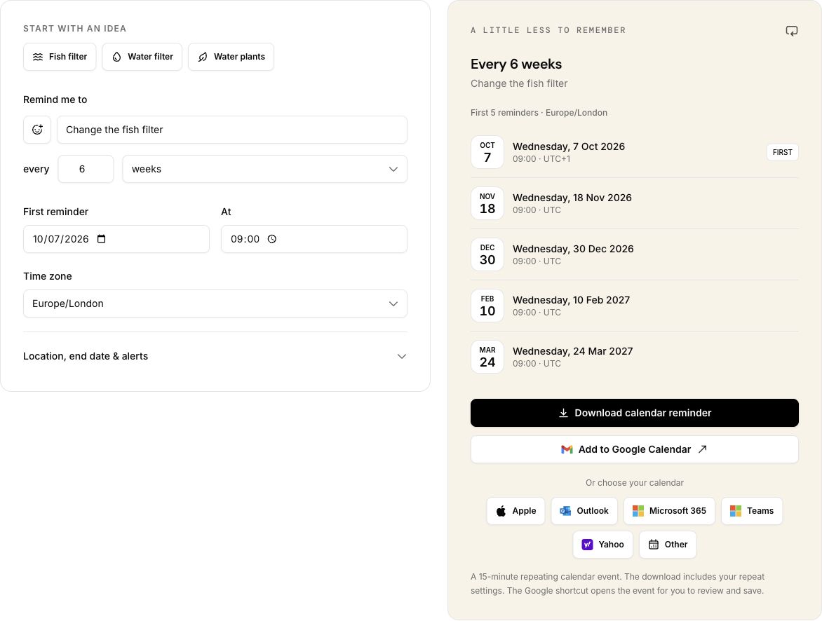 Recurring reminder creator with a six-week fish-filter reminder and a preview of upcoming dates.